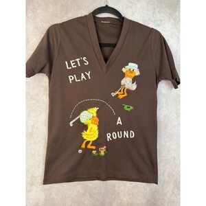 VTG Shirlee Designs Let's Play A Round Golfing Ducks Embroidered VNeck Sz S